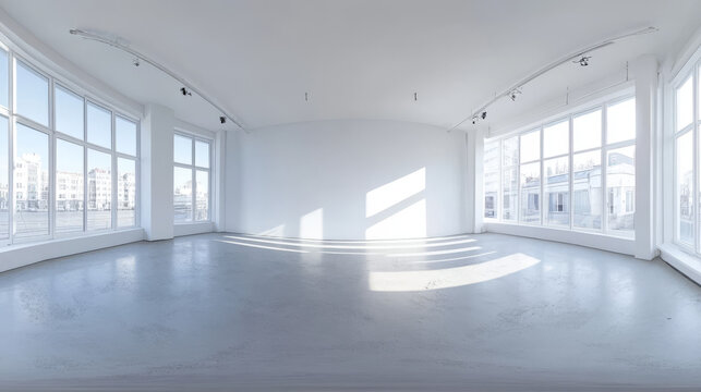  Imagine a spacious, well-lit white room. The walls and ceiling should be clean and bright, with a polished concrete or wooden floor for a modern touch