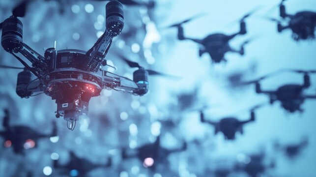 A detailed close-up of a drone swarm synchronization mechanism, showing autonomous flight coordination, Drone technology style