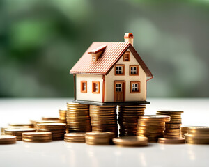 house model and coins on white background. real estate and investment concept.