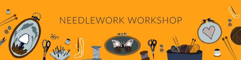 Needlework workshop orange banner vector artwork