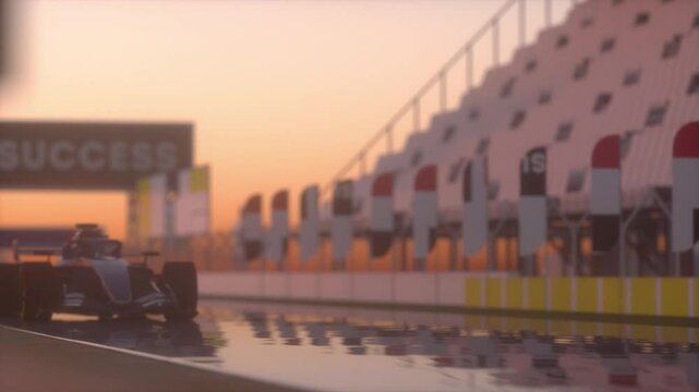 Formula one race car racing along the homestretch over the finish line. Slow motion video