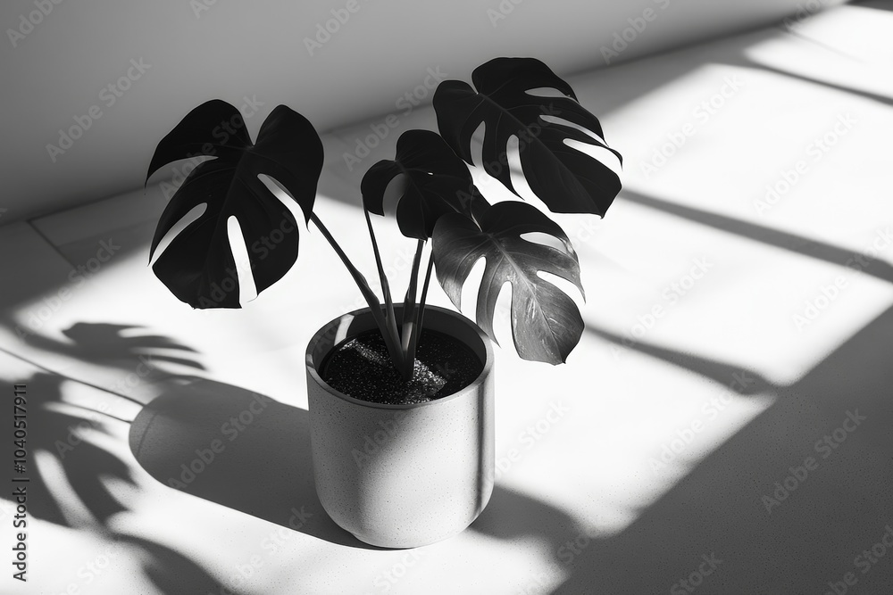 Poster a black and white image of a potted plant with large leaves, dramatically highlighted by striking sh