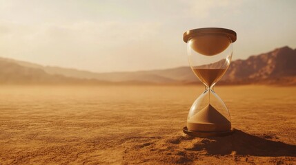A creative shot of a giant hourglass in the middle of a desert, with sand representing moments of life slipping away, symbolizing the fleeting nature of time in a busy world