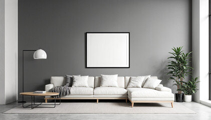 Modern minimalist living room with blank poster frame, white sofa, and indoor plants – mockup design