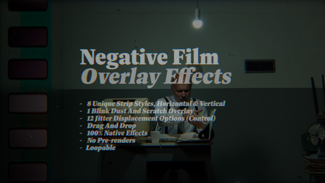 Negative Film Animated Overlay Effects, Organic Film Frame Jitter Overlays with Dust & Scratches (Horizontal & Vertical)
