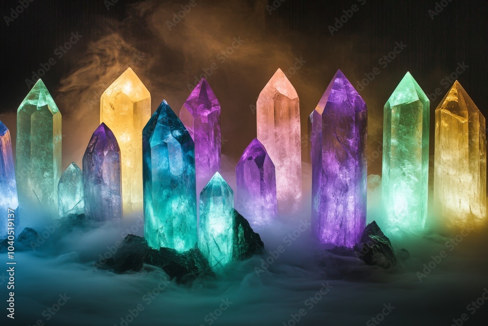 Aufkleber A stunning array of colorful neon crystals emerges from misty surroundings, creating a mystical and vibrant atmosphere with hues of purple, green, and orange light.
