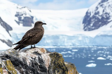 Fototapeta premium A bird rests peacefully on stone amid an icy Antarctic landscape, with sprawling glaciers and distant snow-covered mountains, evoking isolation and natural grace.
