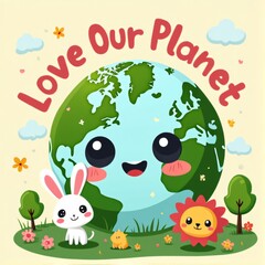 Naklejka premium Kawaii Earth Day Illustration with Animals