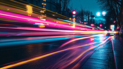 Add dynamic motion to the neon lights with glowing streaks, flowing light trails, or swirling patterns, creating the impression of constant movement and a sense of action within the stillness 