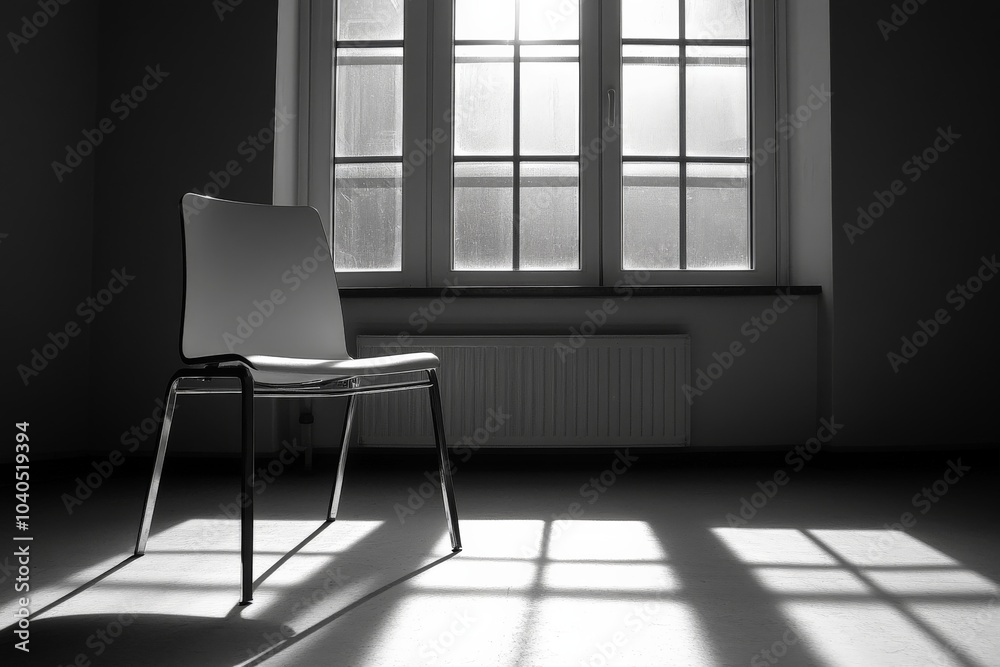 Aufkleber a lone chair sits in front of a window casting sunlight shadows, creating a serene atmosphere in an 