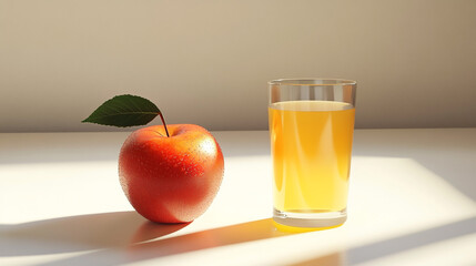 Fresh Apple Juice in Glass and Whole Red Apple with Leaf