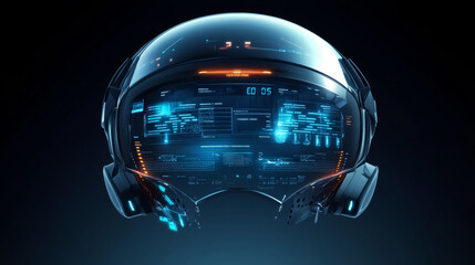 Vector illustration of a HUD UI design featuring a futuristic helmet or cockpit view in FUI style, showcasing a luminous visual display of vehicle technology and a dashboard for future virtual sight.
