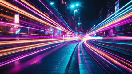 Add dynamic motion to the neon lights with glowing streaks, flowing light trails, or swirling patterns, creating the impression of constant movement and a sense of action within the stillness 