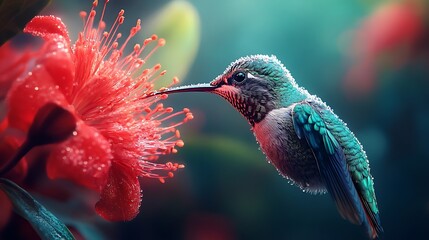 Fototapeta premium A close-up of a hummingbird feeding from a bright red flower in a tropical garden