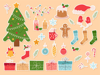 Christmas, New Year holidaysstickers big set. Flat style collection. Vector illustration