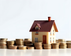 house model and coins on white background. real estate and investment concept.