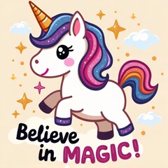 Naklejka premium Kawaii Unicorn Believe in Magic Design