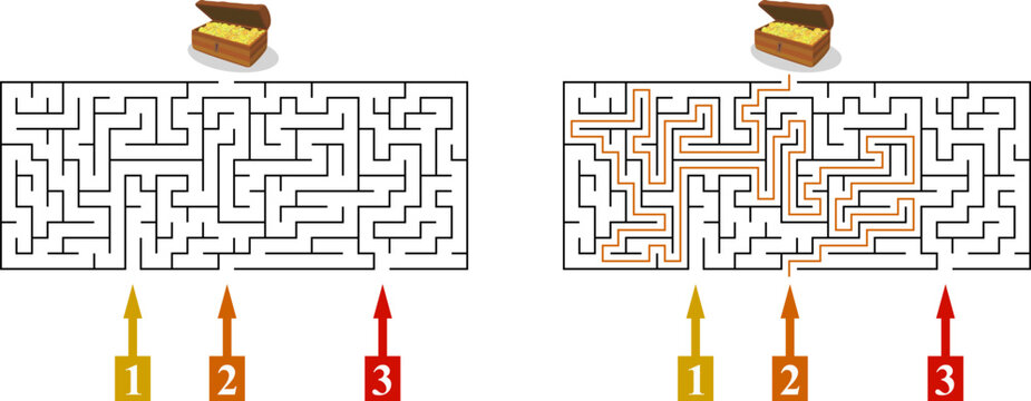 Labyrinth with three entrances. Find the right way and reach the pirate chest with golden coins. Mental educational game template with clue. Vector illustration.