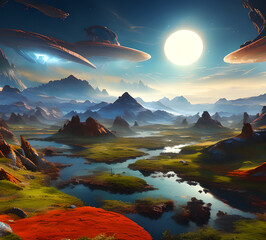 Fototapeta premium Beautiful fantasy fairy forest,Fantasy realistic Stunning natural objects including lakes lake boat Background and use it as your wallpaper, posters and banner,generative ai 