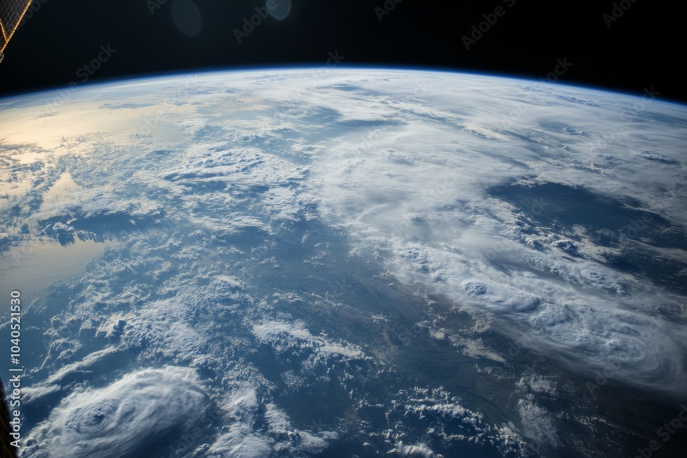 Poster a stunning image features earth enveloped by swirling clouds, offering a striking display of atmosph