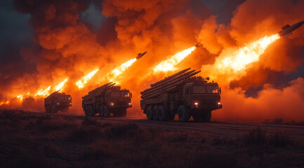 A row of military anti-aircraft vehicles, with multiple missile launchers on the truck deck firing missiles into the sky