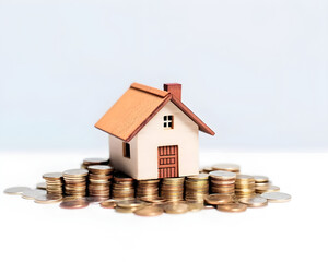 house model and coins on white background. real estate and investment concept.