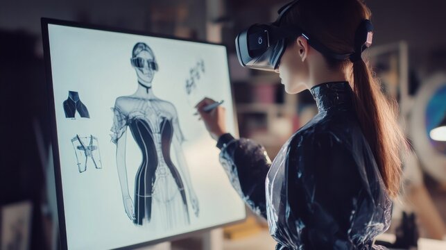 A designer sketching futuristic fashion concepts in a virtual reality design studio, Fashion design scene, Virtual style