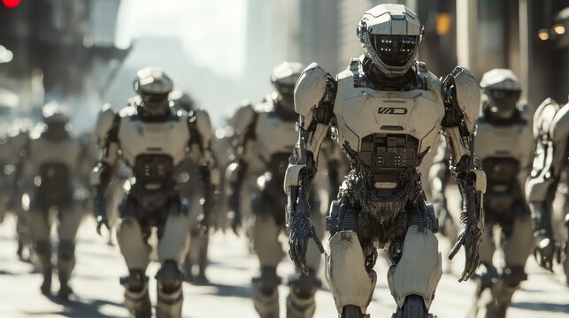 walking military robots. invasion of military robots. Dramatic apocalypse super realistic concept. Future. 3d rendering