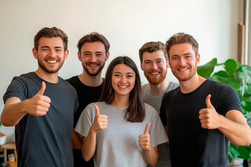 Group of five friends smiling and giving thumbs up, showing positivity and team spirit