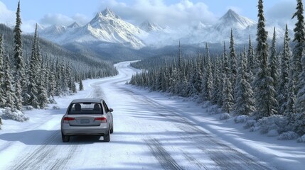 The vehicle travels down a snow-covered road with towering mountains and a dense forest in the background, showcasing a tranquil winter day