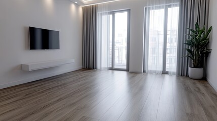 The large room features white walls, wooden floors, modern art, and ample natural light from oversized windows, offering a serene ambiance