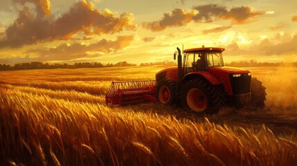 Obraz premium Red Tractor Working a Field of Golden Wheat at Sunset