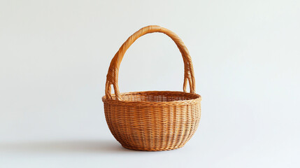 Wicker Basket with Handle  Empty  White Background  Rustic  Natural
