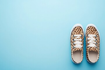 A pair of stylish leopard print sneakers rests on a vibrant blue surface, highlighting their unique design and playful pattern. This footwear combines fashion with casual comfort effortlessly.