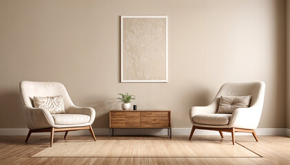 A stylish reading nook featuring a cozy armchair with a pillow, a framed mockup for artwork on the wall. Modern design	