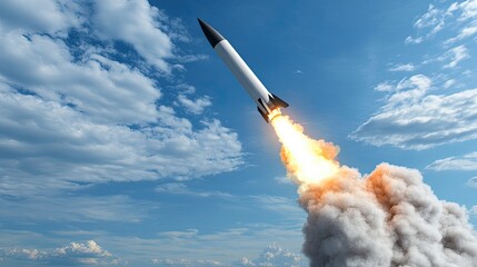A nuclear cruise missile ascends, leaving behind a plume of smoke and flames as it moves skyward amid scattered clouds