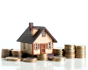 house model and coins on white background. real estate and investment concept.