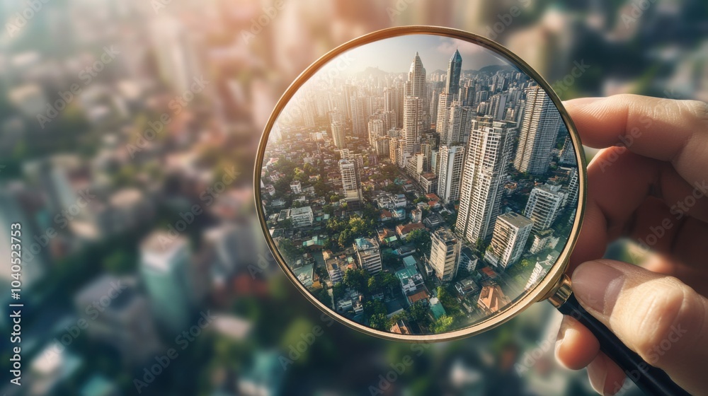 Poster a detailed visual of a person looking through a magnifying glass at a cityscape, with different part