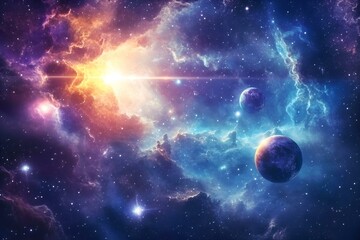 Surreal cosmic landscape with nebulae, stars and swirling planets. With glowing blue and purple tones.