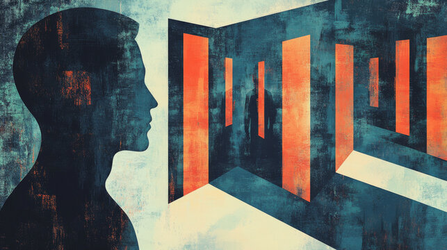 Vector illustration of a man exploring the depths of the human mind through multiple doors, symbolizing the journey of understanding psychology.



