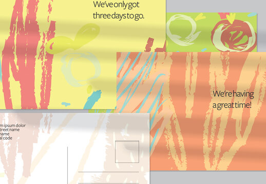 Postcard Layout with Hand Drawn Abstract Brush Strokes and Floral Elements