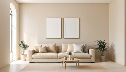 Fototapeta premium Modern minimalistic living room design in beige color with empty poster frames , mock up.