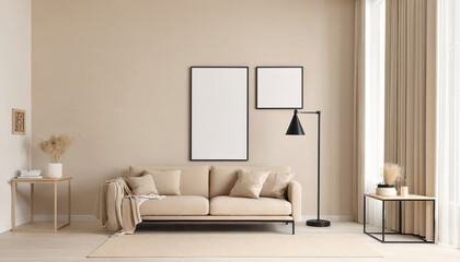 Modern minimalistic living room design in beige color with empty poster frames , mock up.