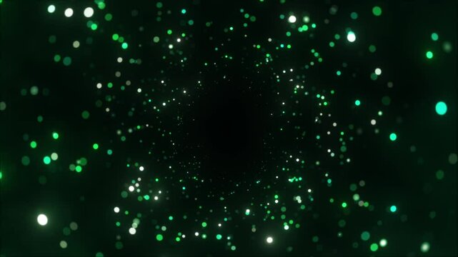 Abstract emerald bokeh background, shimmering green particles swirling in rhythmic motion, sparkling effects creating enchanting New Year or Christmas holiday atmosphere, copy space.