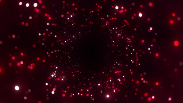 Abstract shimmering particles in deep rose red hues, creating mesmerizing bokeh effects, seamless loop of glittering sparkles, Valentines Day background, festive celebration atmosphere.