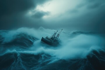 Fototapeta premium Surging Waves Threaten a Vulnerable Fishing Vessel