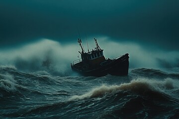 Fototapeta premium Helpless Boat Adrift in Stormy Ocean Waters
