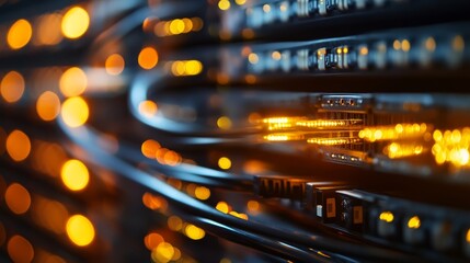 A close-up of a servers fiber optic connection, the cables glowing with light as data flows through, the serverâ€™s LED indicators flickering in the background, without brand logo, without text