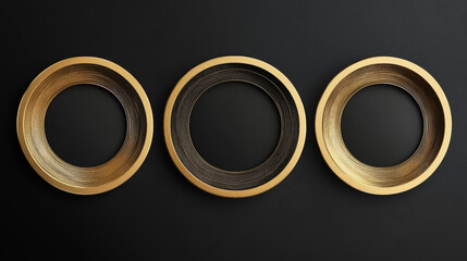 Modern cover design set featuring a gold round ring (golden circle pattern) on a black background, creating a luxurious and premium backdrop; ideal as a formal, simple vector template for business bro