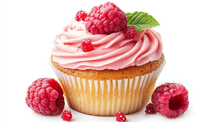 Delicious Pink Cupcake with Fresh Raspberries and Mint